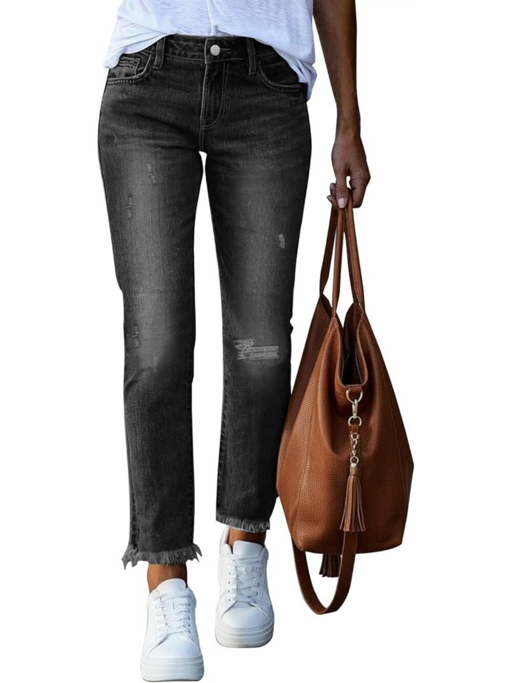 Women's Black High Waisted Raw Hem Cropped Jeans Ripped Pocket Straight Leg Pant